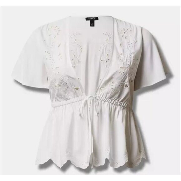 EUC Torrid White Eyelet Challis Tie Front Blouse/Torrid Size 00 (Size 10) - Picture 7 of 7